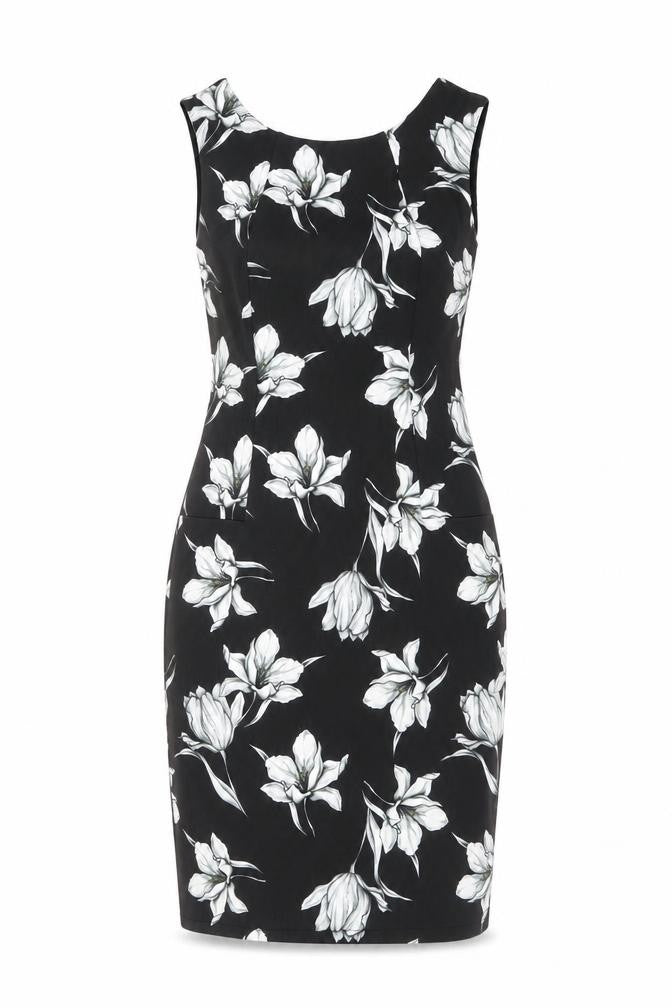 Marks and Spencer Womens Black Floral Polyester Shift Size 8 Round Neck Zip