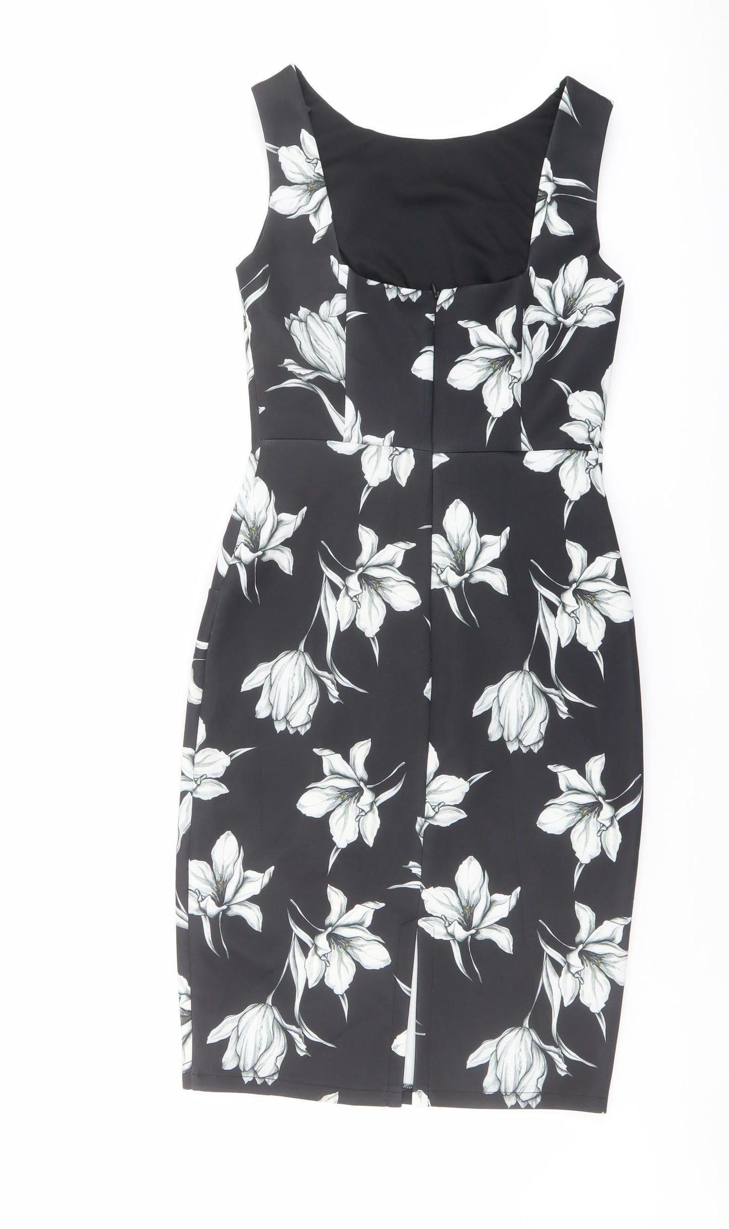 Marks and Spencer Womens Black Floral Polyester Shift Size 8 Round Neck Zip