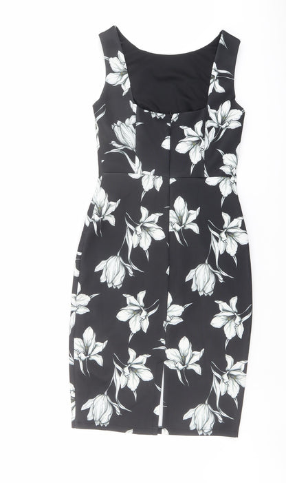 Marks and Spencer Womens Black Floral Polyester Shift Size 8 Round Neck Zip