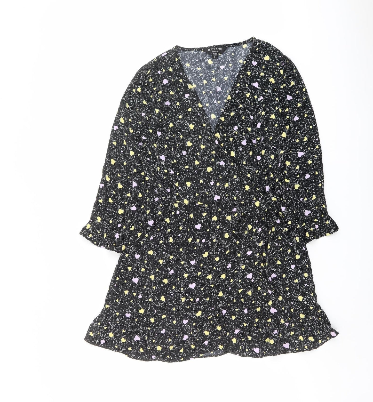 Brave Soul Womens Black Geometric Polyester Wrap Dress Size S V-Neck Tie - Heart pattern