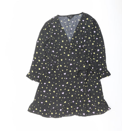 Brave Soul Womens Black Geometric Polyester Wrap Dress Size S V-Neck Tie - Heart pattern