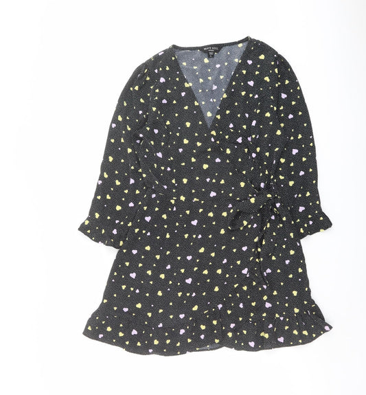 Brave Soul Womens Black Geometric Polyester Wrap Dress Size S V-Neck Tie - Heart pattern