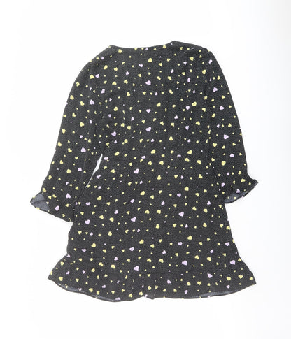 Brave Soul Womens Black Geometric Polyester Wrap Dress Size S V-Neck Tie - Heart pattern