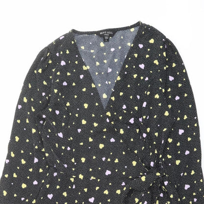 Brave Soul Womens Black Geometric Polyester Wrap Dress Size S V-Neck Tie - Heart pattern