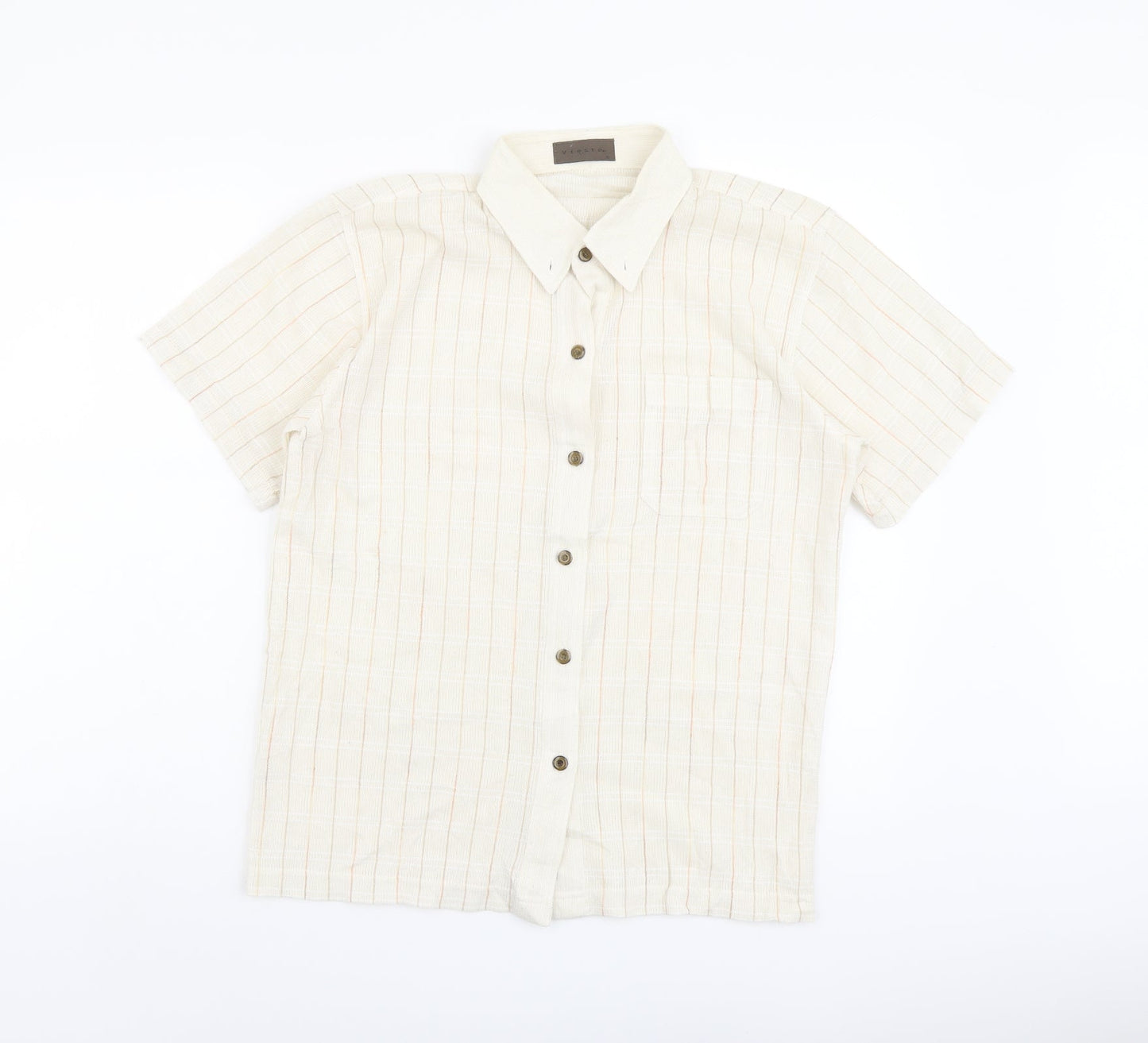 Vieste Mens Beige Striped Polyester Button-Up Size S Collared Button