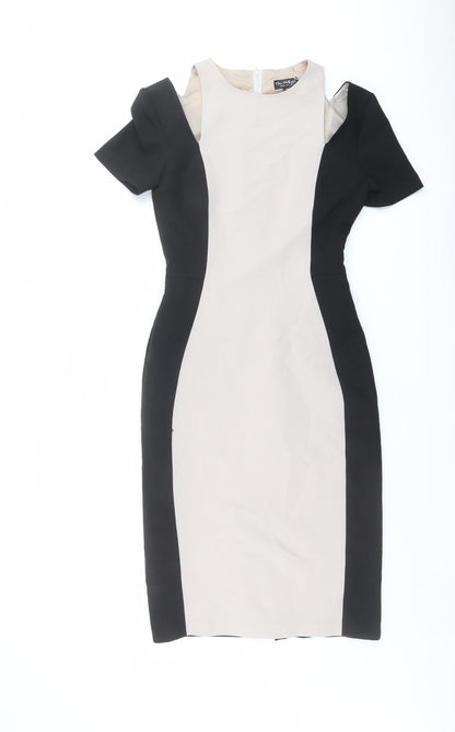 Miss Selfridge Womens Black Colourblock Polyester Pencil Dress Size 6 Round Neck Zip - Cold Shoulder