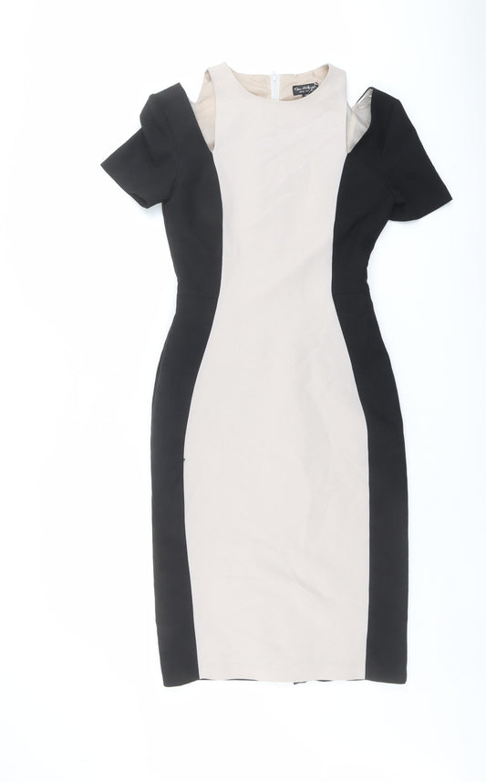 Additional front view of Miss Selfridge women’s black colourblock polyester pencil dress, round neck zip - cold shoulder