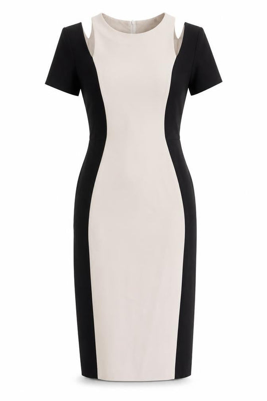 Front view of Miss Selfridge women’s black colourblock polyester pencil dress, size UK 6, round neck zip - cold shoulder