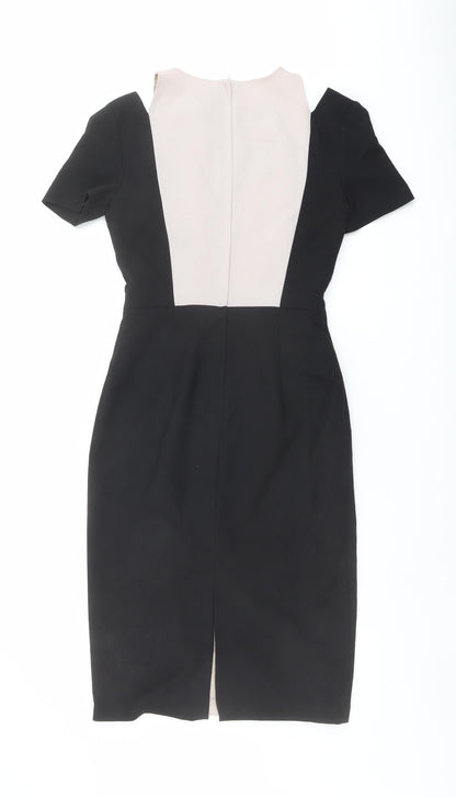 Miss Selfridge Womens Black Colourblock Polyester Pencil Dress Size 6 Round Neck Zip - Cold Shoulder