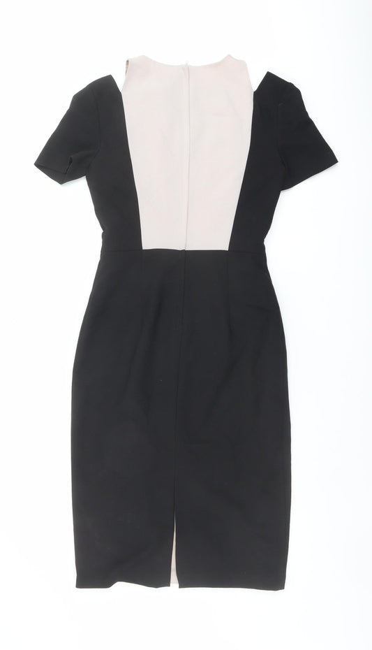 Miss Selfridge Womens Black Colourblock Polyester Pencil Dress Size 6 Round Neck Zip - Cold Shoulder