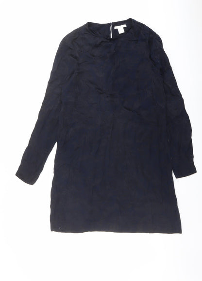 H&M Womens Blue Geometric Viscose A-Line Size 10 Round Neck Button