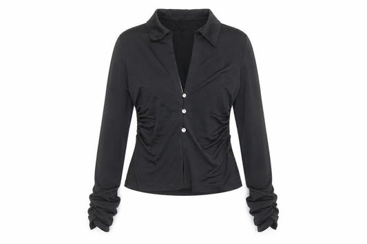 Front view of As You women’s black polyester basic button-up, size UK 10, collared - ruched detail