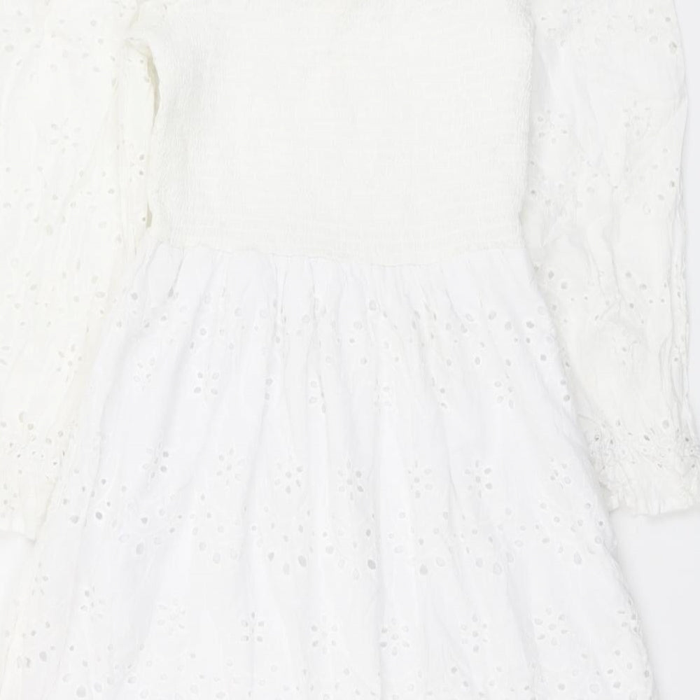 Rebbelion Womens White Geometric Cotton Trapeze & Swing Size M Off the Shoulder Pullover