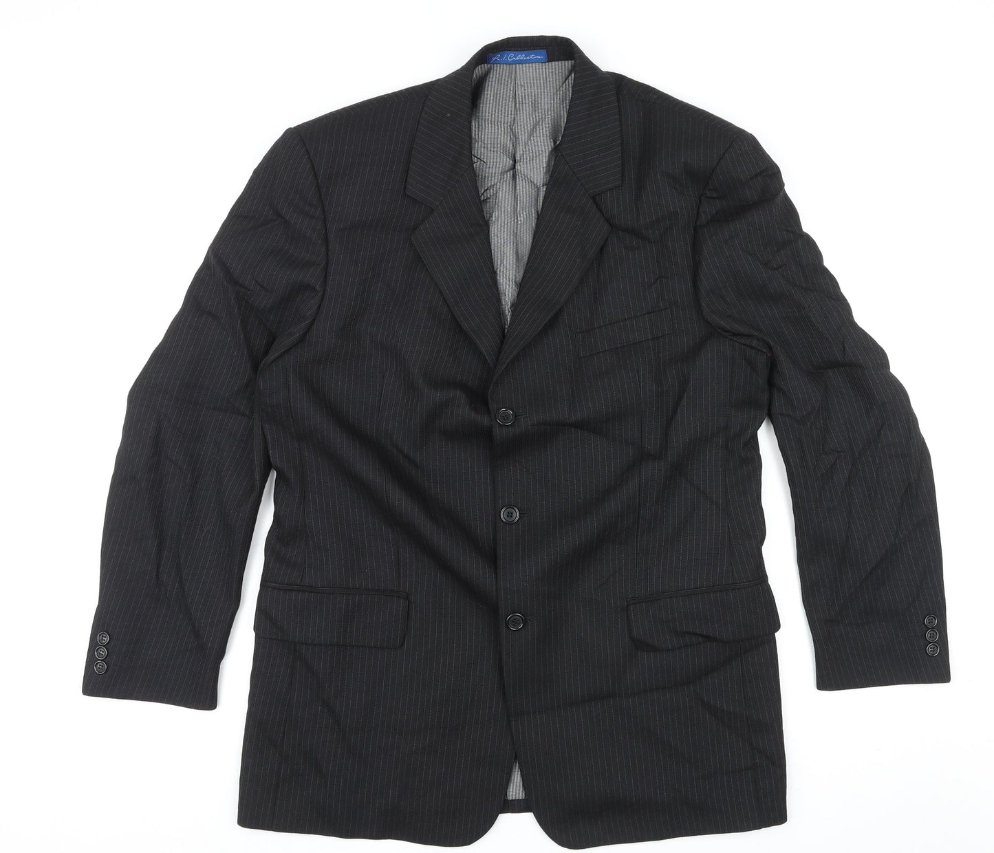 R.I. Collection Mens Black Striped Wool Jacket Suit Trousers Size 40 Regular