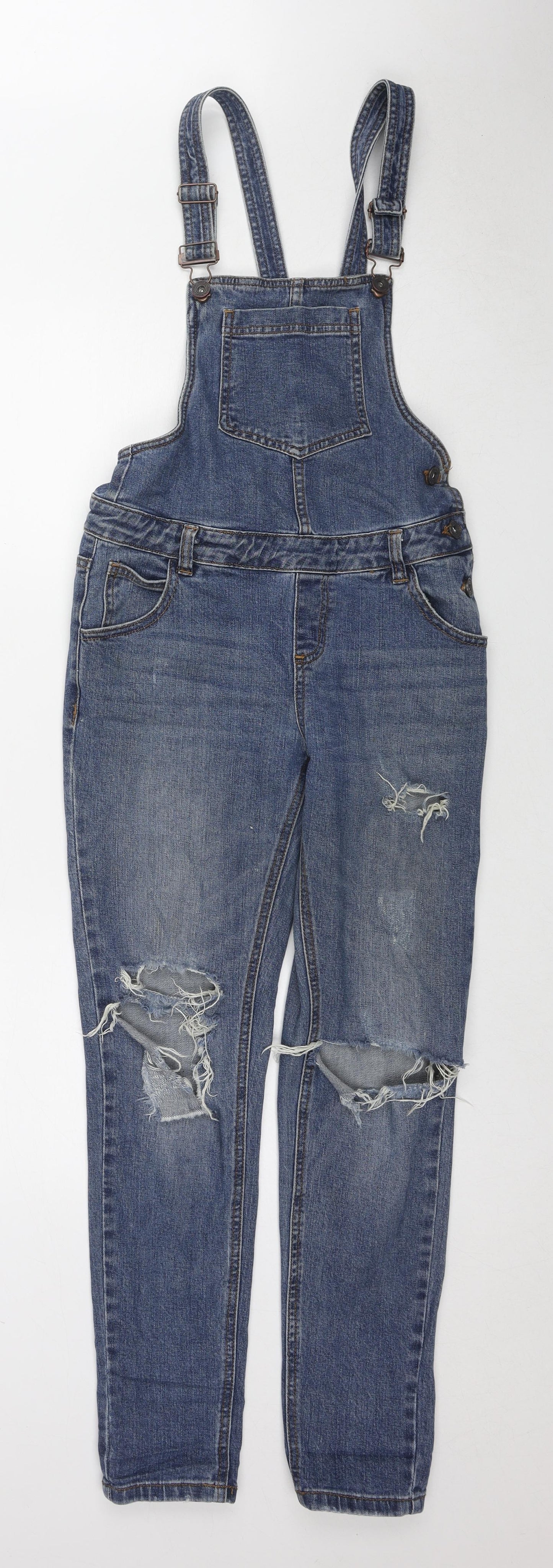 Denim & Co. Womens Blue Cotton Dungaree One-Piece Size 8 L28 in Zip - Distressed Open Knee