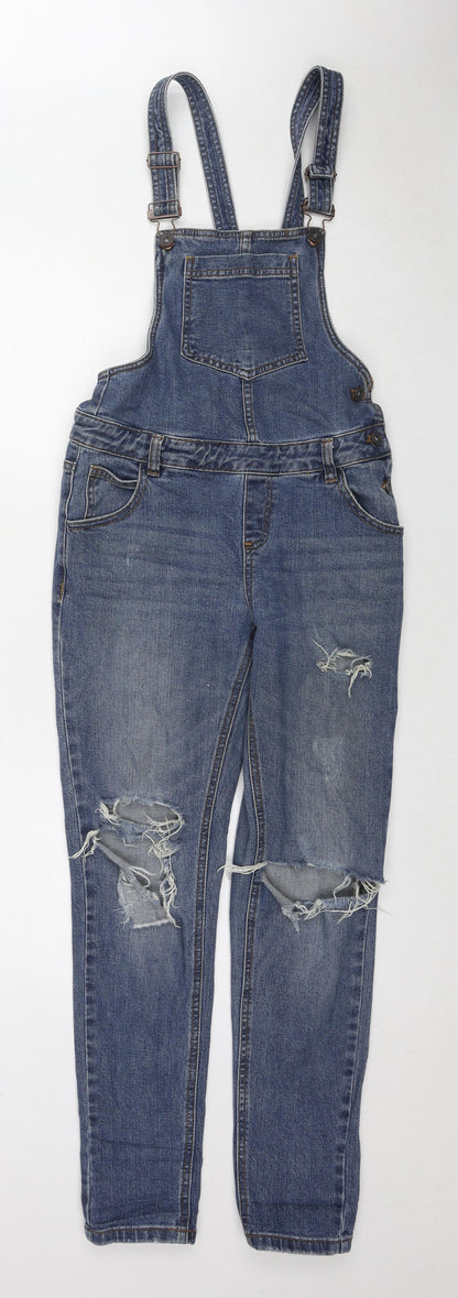 Denim & Co. Womens Blue Cotton Dungaree One-Piece Size 8 L28 in Zip - Distressed Open Knee