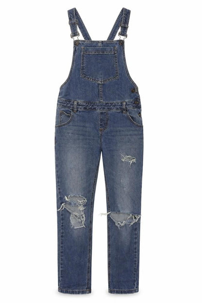 Denim & Co. Womens Blue Cotton Dungaree One-Piece Size 8 L28 in Zip - Distressed Open Knee