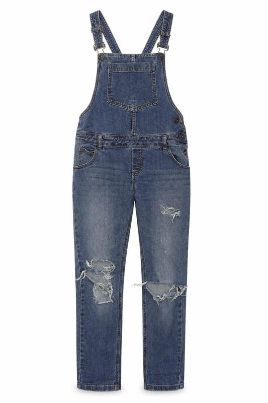 Denim & Co. Womens Blue Cotton Dungaree One-Piece Size 8 L28 in Zip - Distressed Open Knee