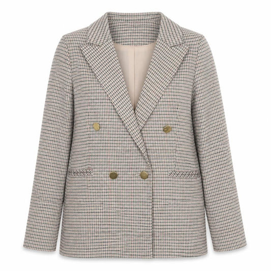 Front view of Miss Selfridge women’s beige plaid polyester jacket blazer, size UK 8