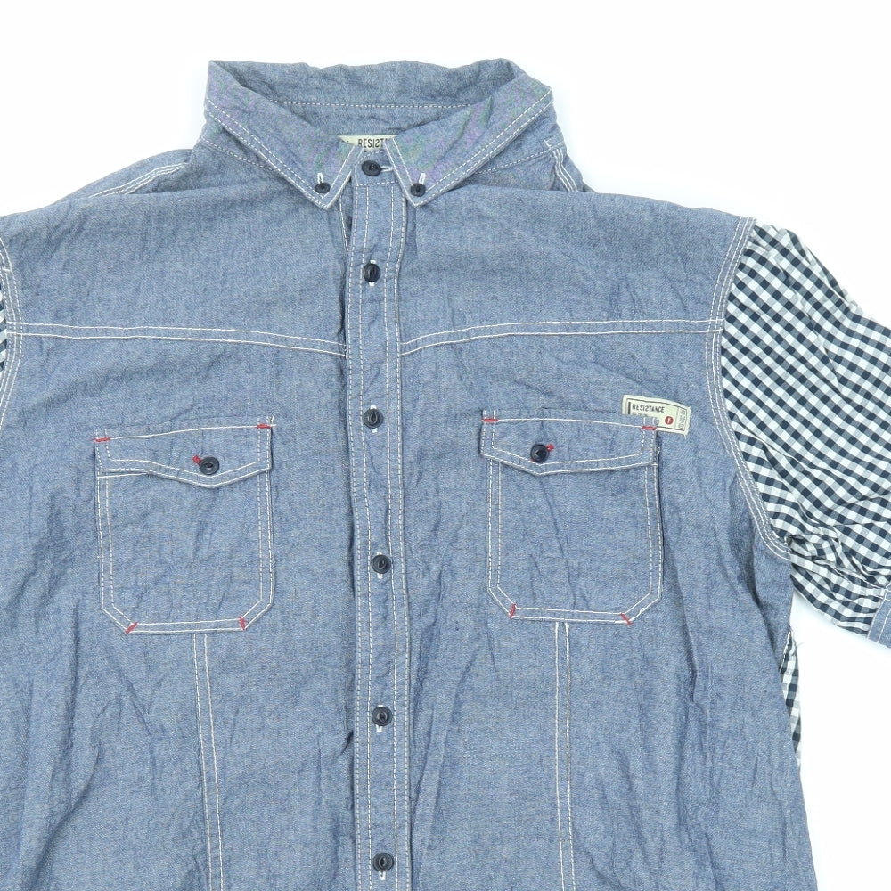 Resistance Mens Blue Check Cotton Button-Up Size XL Collared Button