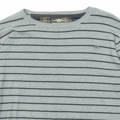 Ringspun Mens Grey Collared Striped Cotton Pullover Jumper Size XL Long Sleeve
