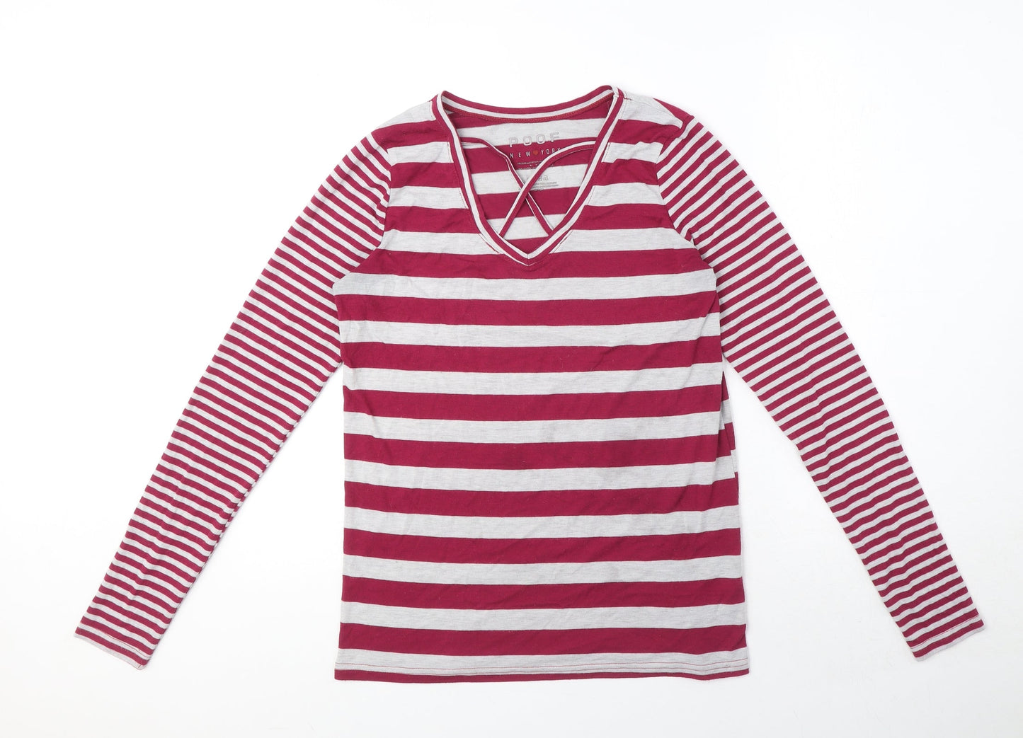 Poof Womens Red Striped Cotton Basic T-Shirt Size M V-Neck