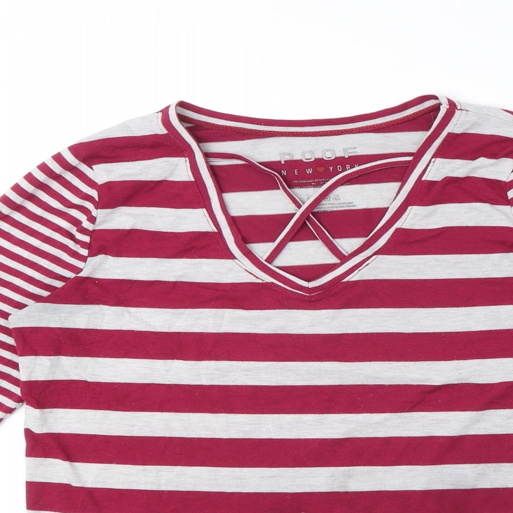 Poof Womens Red Striped Cotton Basic T-Shirt Size M V-Neck