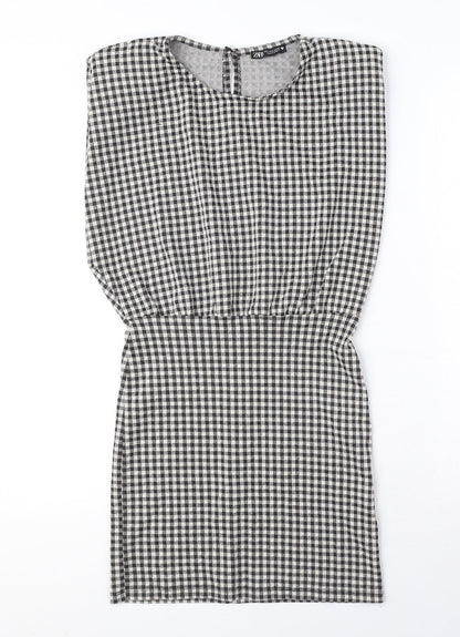 Zara Womens Black Gingham Polyester A-Line Size S Crew Neck Button