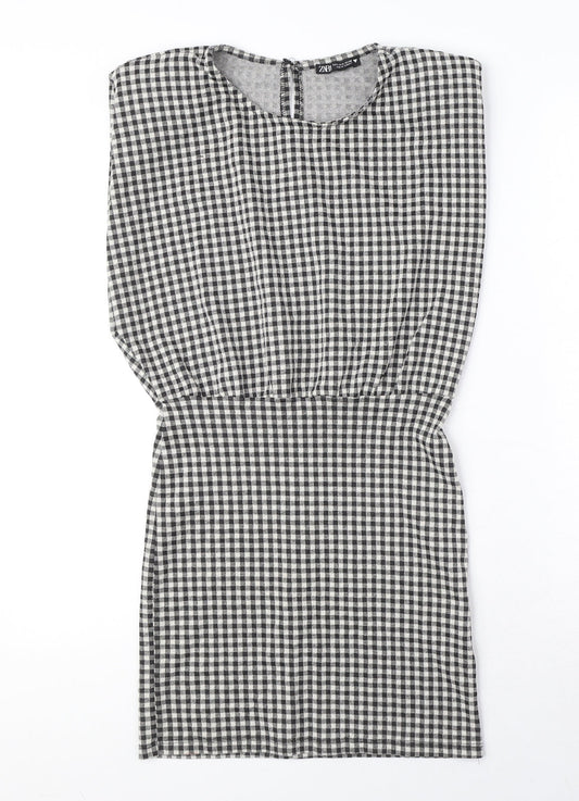 Zara Womens Black Gingham Polyester A-Line Size S Crew Neck Button