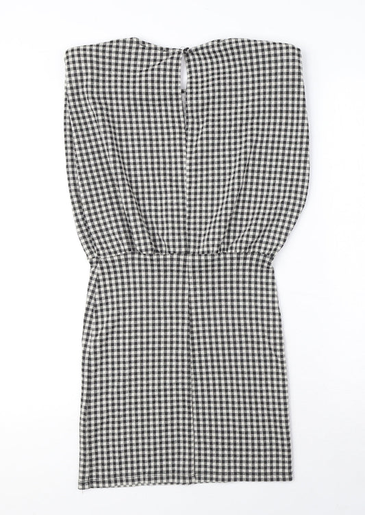Zara Womens Black Gingham Polyester A-Line Size S Crew Neck Button