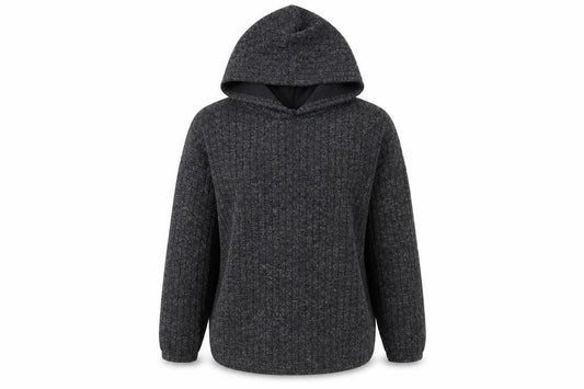 Front view of I SAW IT FIRST women’s grey polyester pullover hoodie, size UK 10, pullover