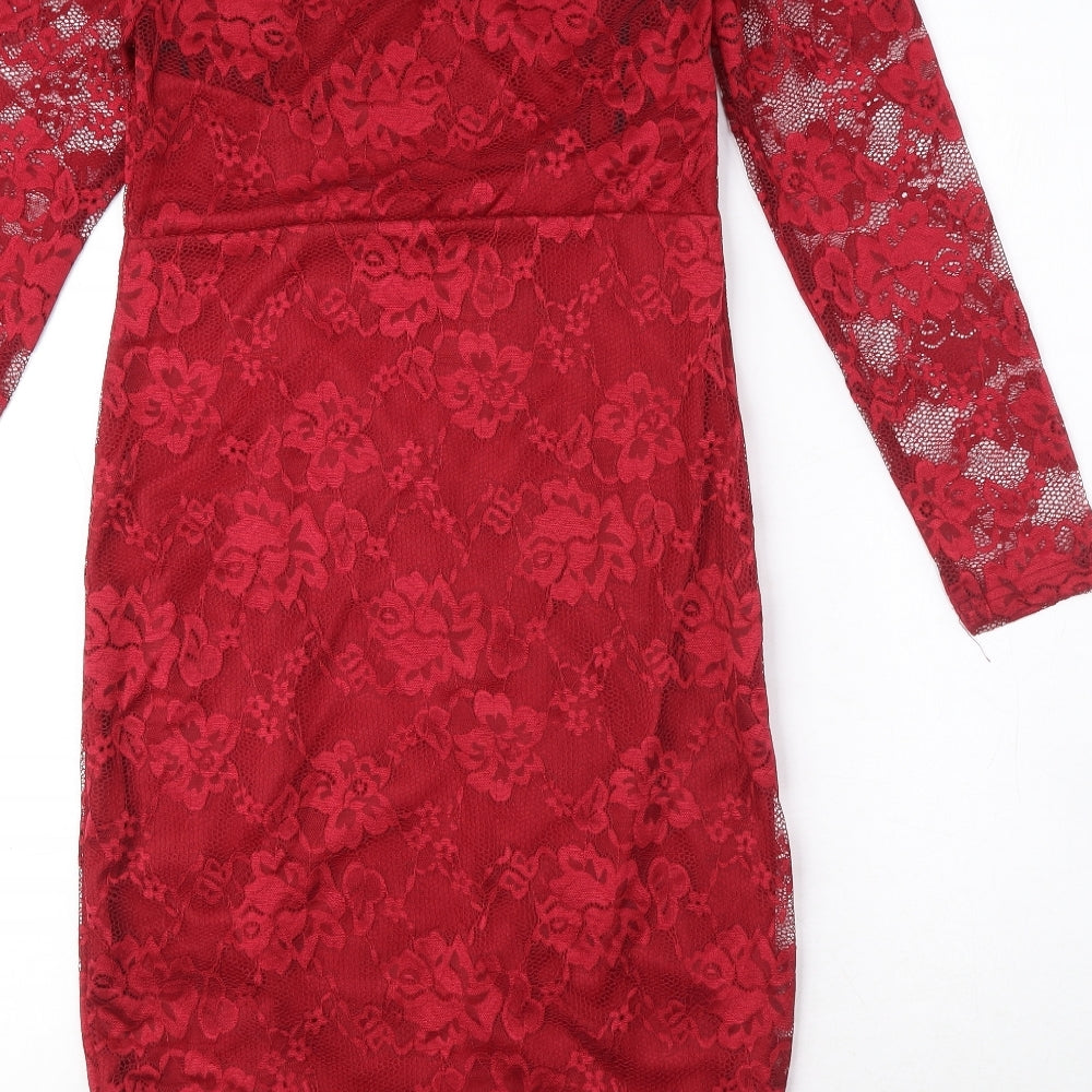 Auxo Womens Red Floral Polyester Pencil Dress Size S Boat Neck Zip