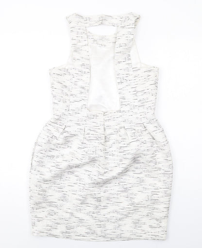 Coleen Womens White Geometric Polyester Shift Size 12 Round Neck Zip