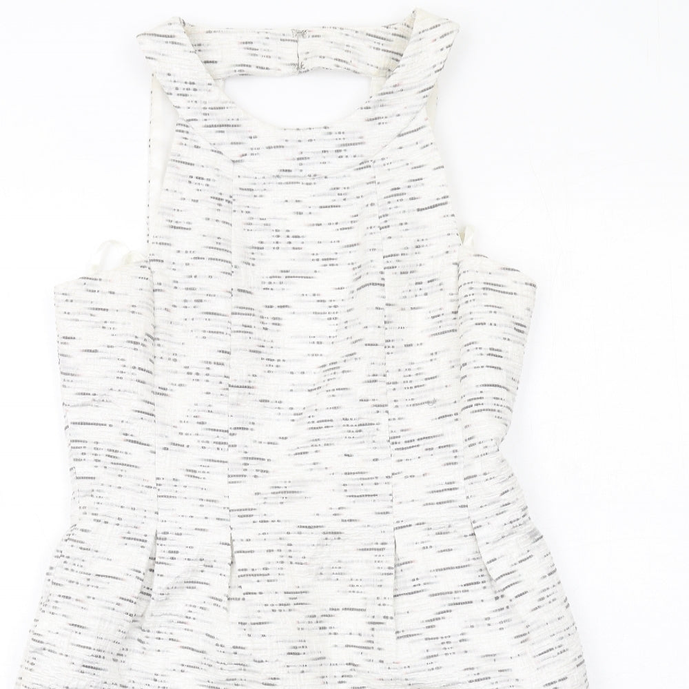 Coleen Womens White Geometric Polyester Shift Size 12 Round Neck Zip