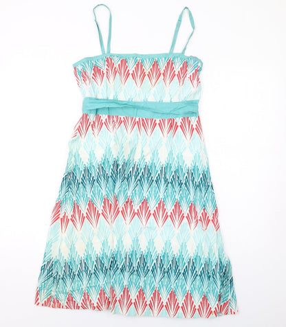 Monsoon Womens Multicoloured Geometric Cotton Slip Dress Size 12 Square Neck Zip