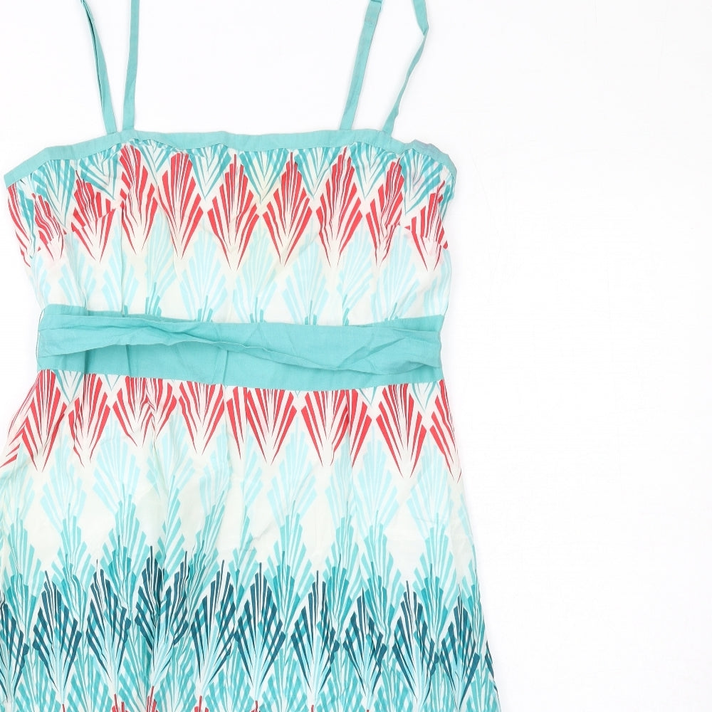 Monsoon Womens Multicoloured Geometric Cotton Slip Dress Size 12 Square Neck Zip