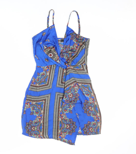 Missguided Womens Blue Geometric Polyester Mini Size 6 V-Neck Zip