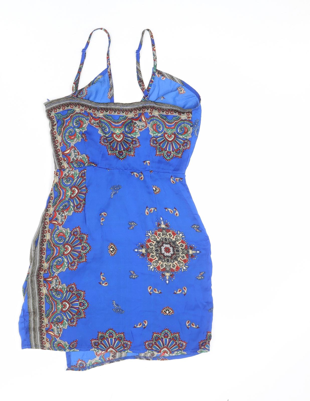 Missguided Womens Blue Geometric Polyester Mini Size 6 V-Neck Zip