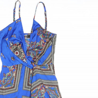 Missguided Womens Blue Geometric Polyester Mini Size 6 V-Neck Zip