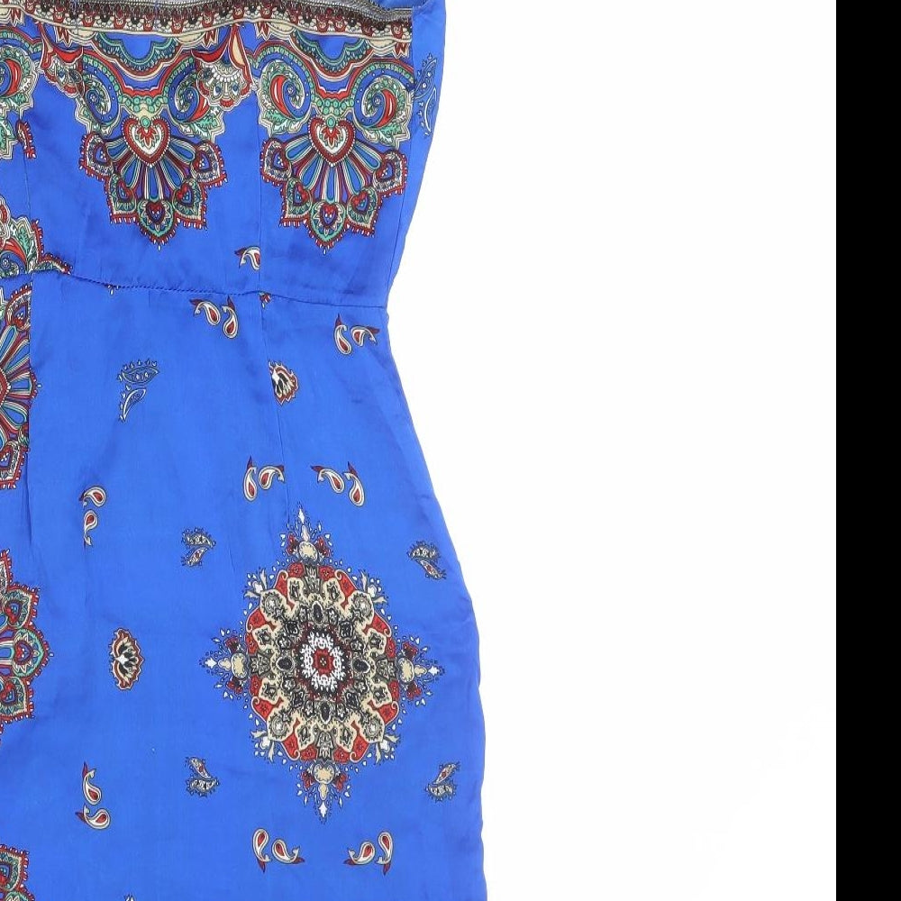 Missguided Womens Blue Geometric Polyester Mini Size 6 V-Neck Zip