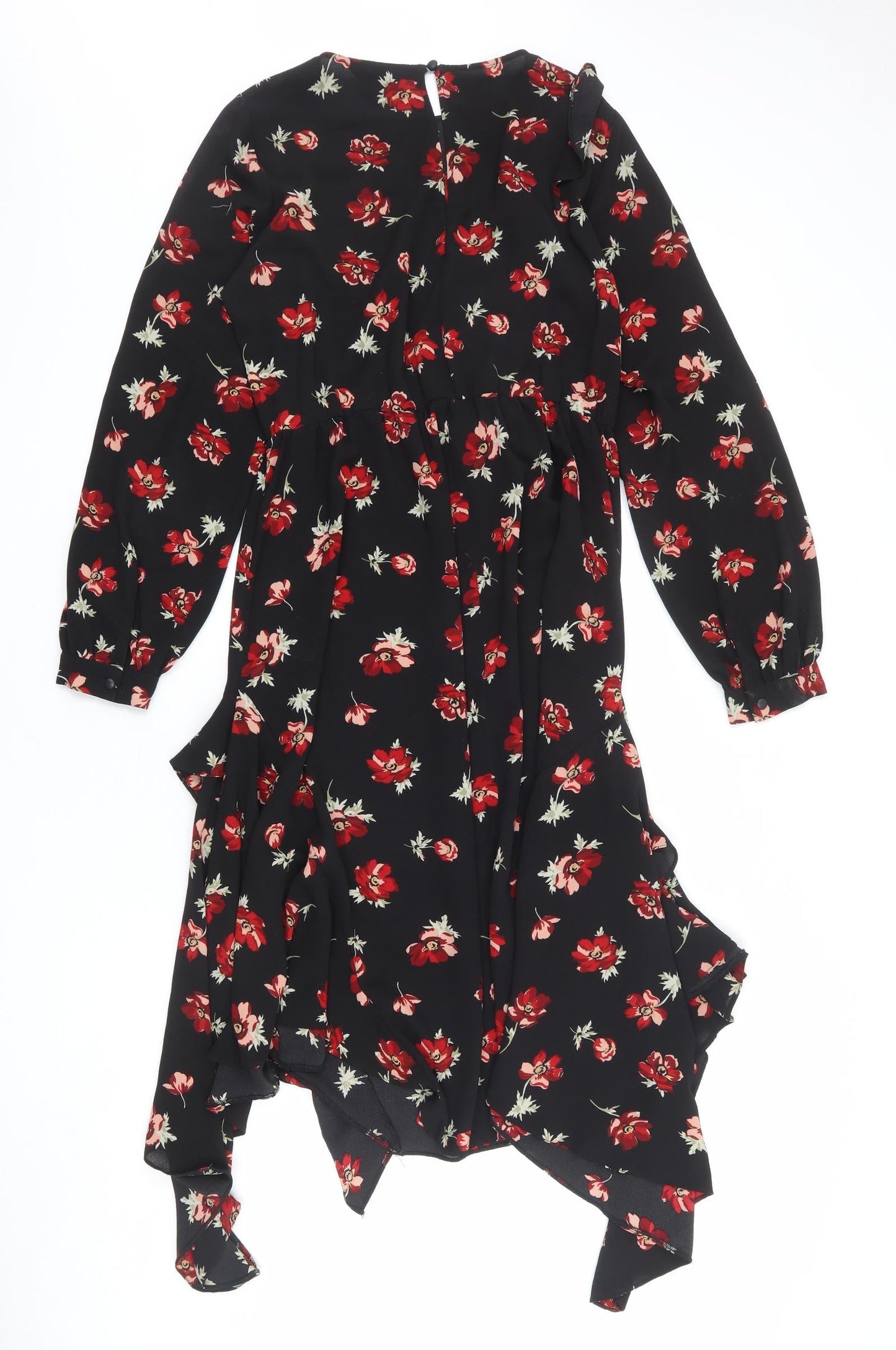 Miss Selfridge Womens Black Floral Polyester A-Line Size 10 Round Neck Button