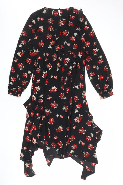 Miss Selfridge Womens Black Floral Polyester A-Line Size 10 Round Neck Button