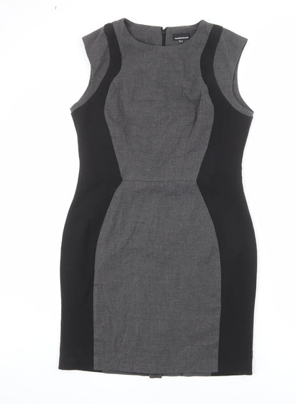 Warehouse Womens Grey Geometric Polyester Shift Size 14 Round Neck Zip