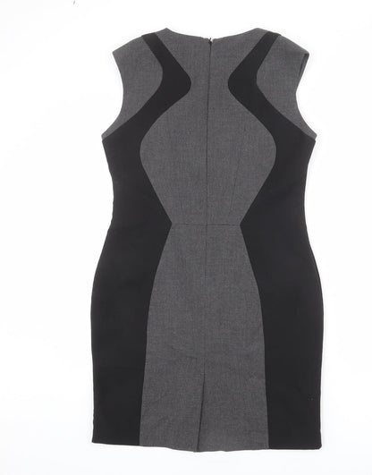 Warehouse Womens Grey Geometric Polyester Shift Size 14 Round Neck Zip