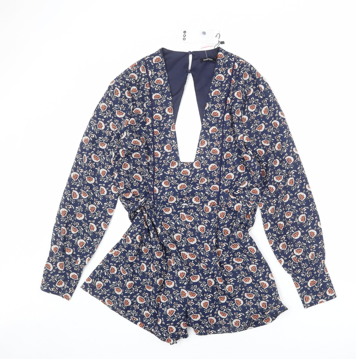 Boohoo Womens Blue Floral Polyester Playsuit One-Piece Size 14 L23 in Button