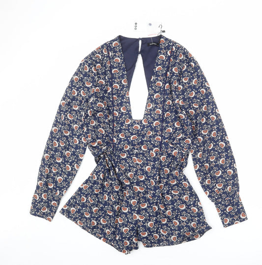 Boohoo Womens Blue Floral Polyester Playsuit One-Piece Size 14 L23 in Button