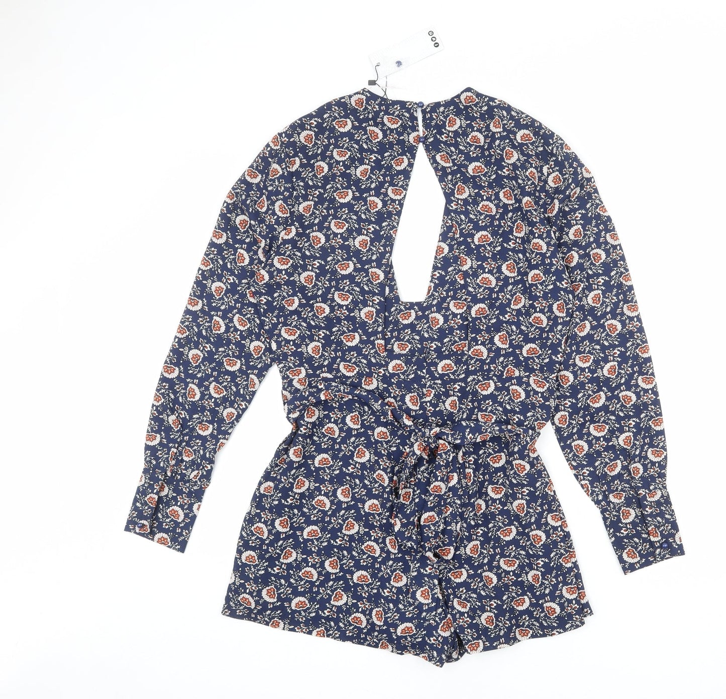 Boohoo Womens Blue Floral Polyester Playsuit One-Piece Size 14 L23 in Button