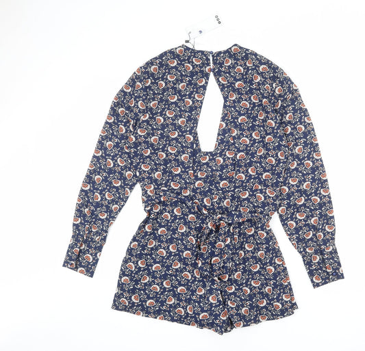 Boohoo Womens Blue Floral Polyester Playsuit One-Piece Size 14 L23 in Button