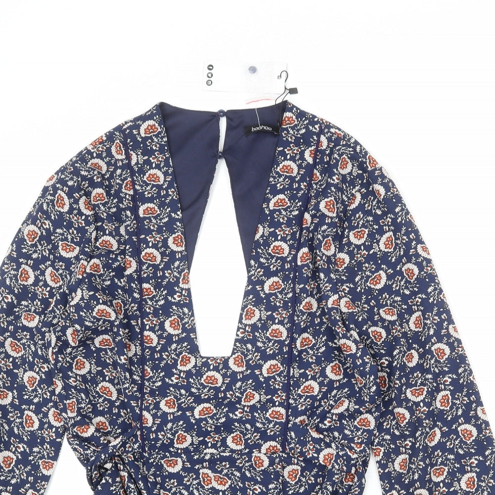 Boohoo Womens Blue Floral Polyester Playsuit One-Piece Size 14 L23 in Button
