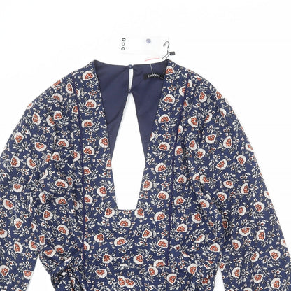 Boohoo Womens Blue Floral Polyester Playsuit One-Piece Size 14 L23 in Button